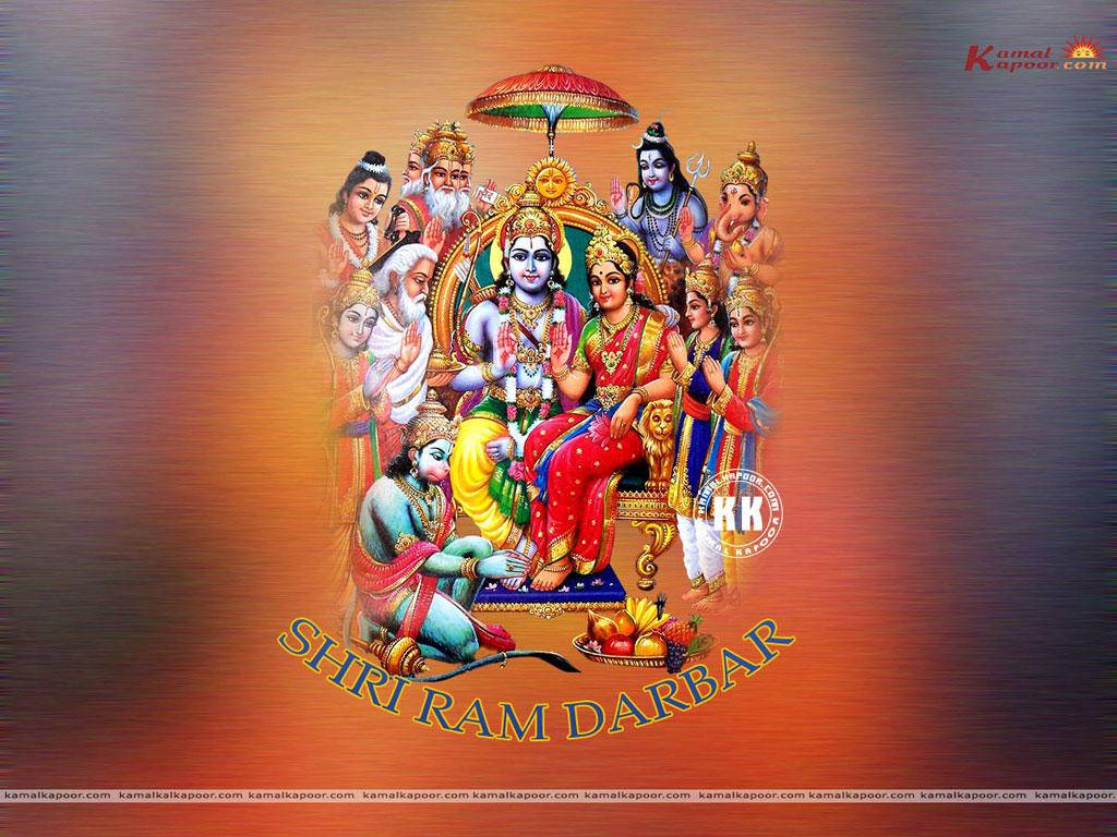 Indian 桌布 壁紙 — 一個充滿活力的神聖集會，展示羅摩勛爵和西塔在華麗的傳統服飾中與眾神和信徒一同登基，背景是燦爛的漸變色。