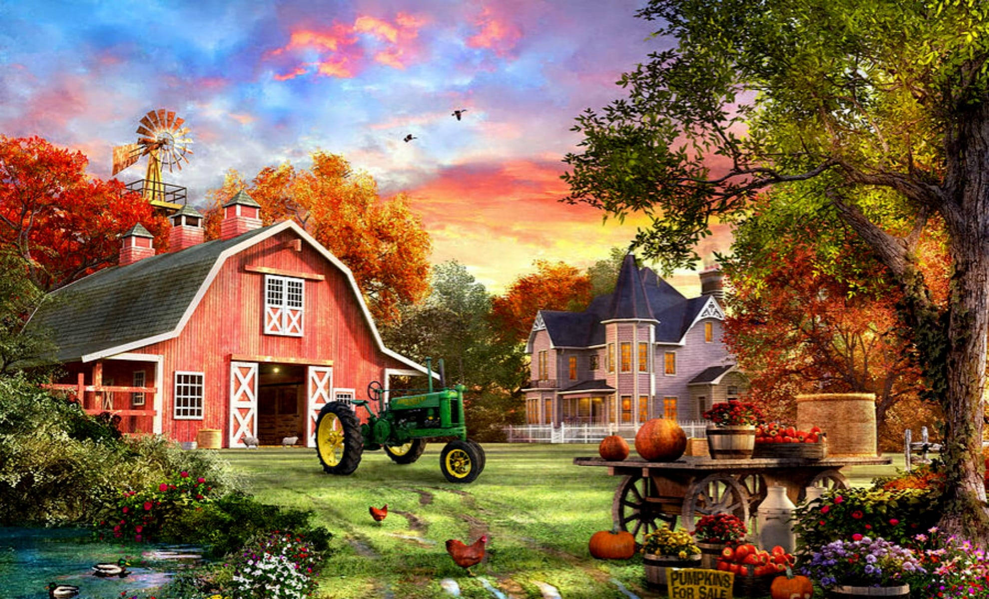 Farmhouse 桌布 壁紙 — 一個充滿活力的秋天農場場景，有紅色穀倉、綠色拖拉機和南瓜，在火熱的日落天空下。