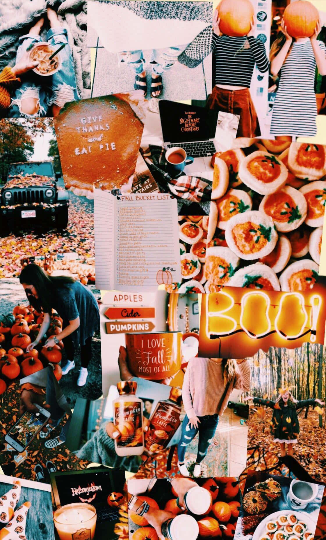 Autumn Collage 桌布 壁紙 — 一個充滿活力的秋季拼貼畫， featuring 南瓜、秋葉、舒適的飲品以及慶祝感恩節和萬聖節的節日標誌。