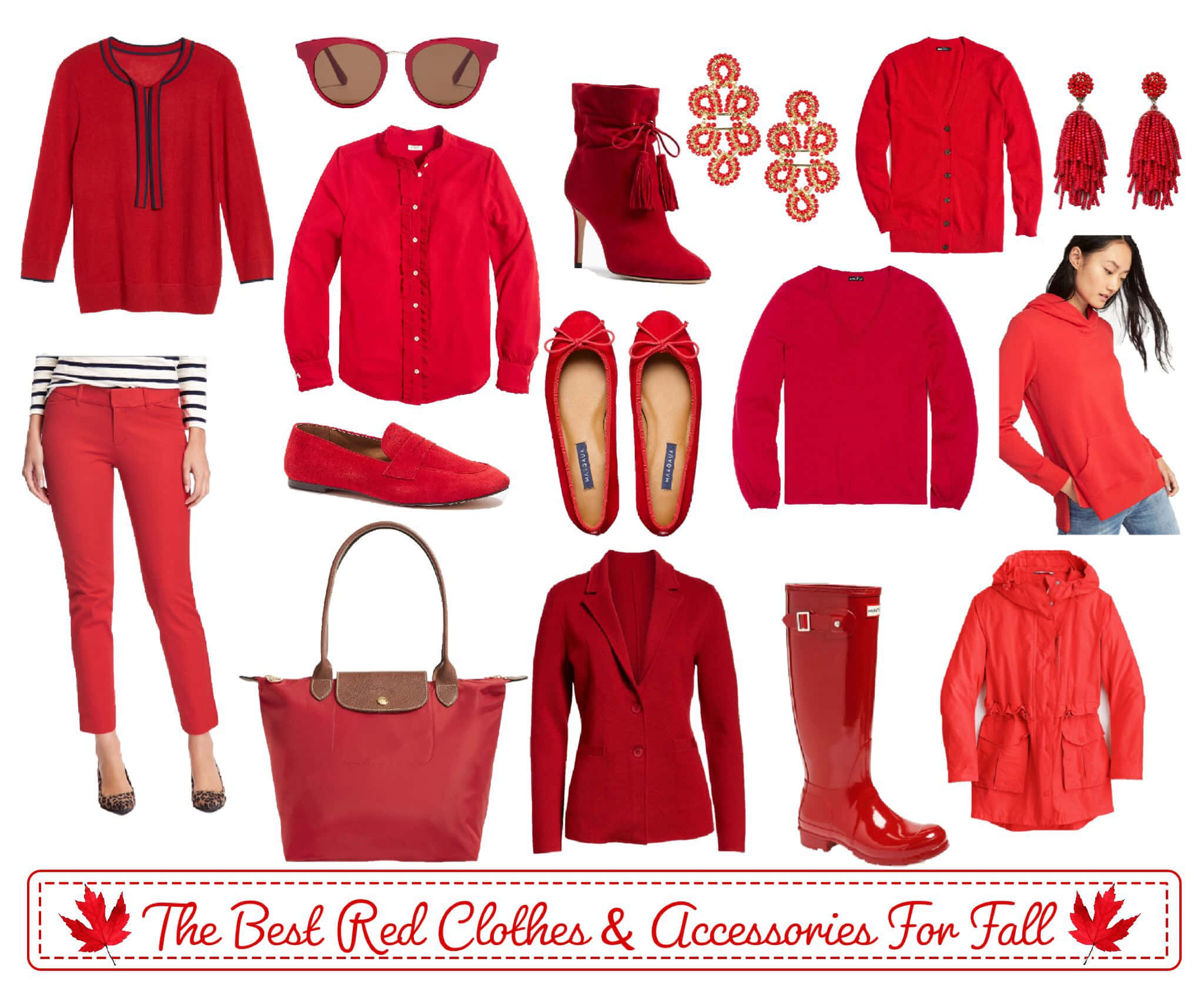 Red Clothing 桌布 壁紙 — 一個充滿活力的秋季時尚拼貼畫，展示紅色服裝和配件整齊地排列在白色背景上。
