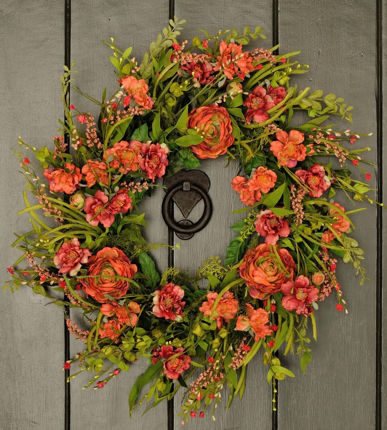 Spring Wreaths 桌布 壁紙 — 一個充滿活力的秋季花卉花環，點綴著珊瑚玫瑰和綠葉，裝飾在一扇帶有黑色金屬門環的風化灰色木門上。