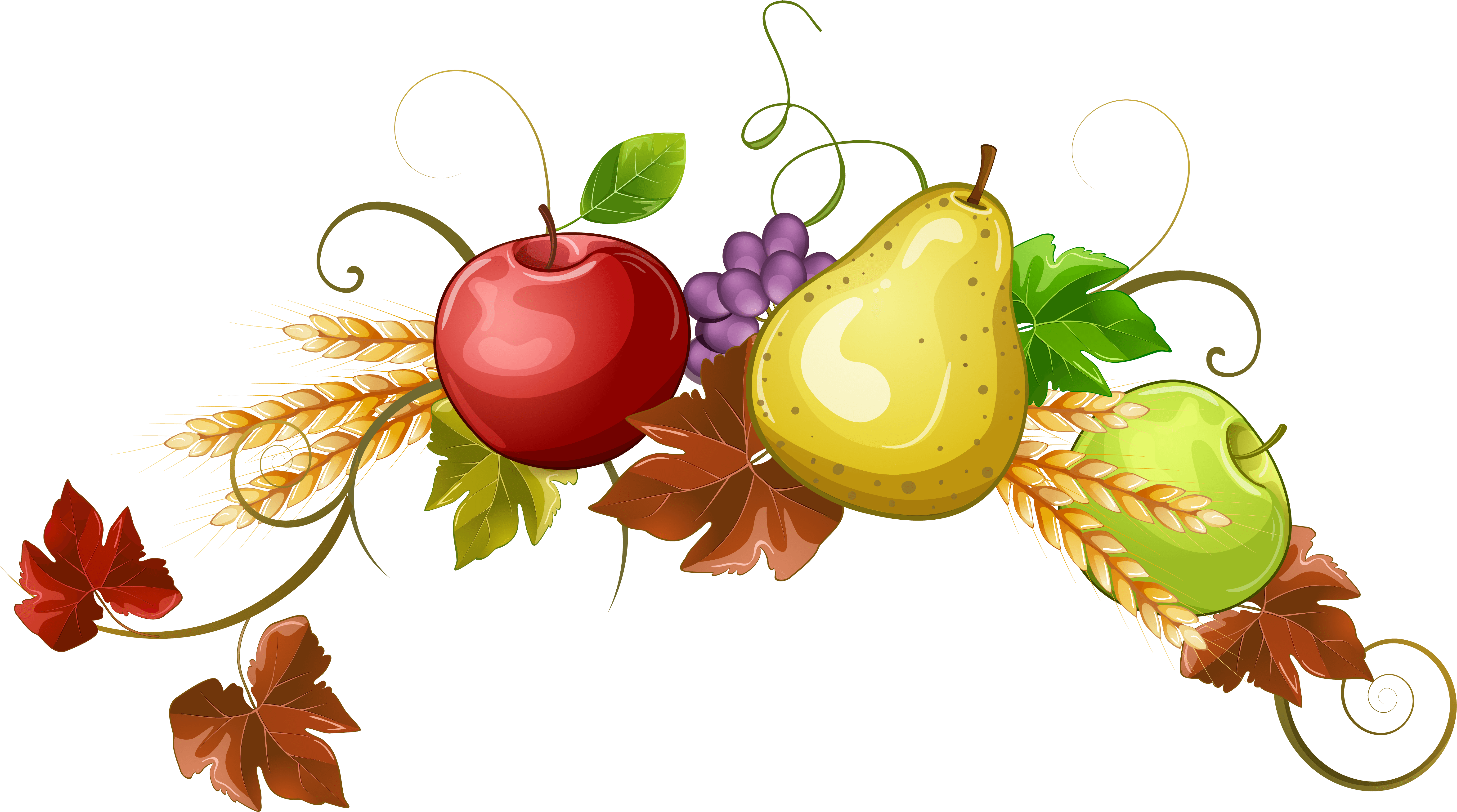 Clip Art 桌布 壁紙 — 一個充滿活力的秋季豐收擺設，包括紅蘋果、黃梨、青蘋果、紫葡萄、麥穗和彩色葉子，襯以黑色背景。