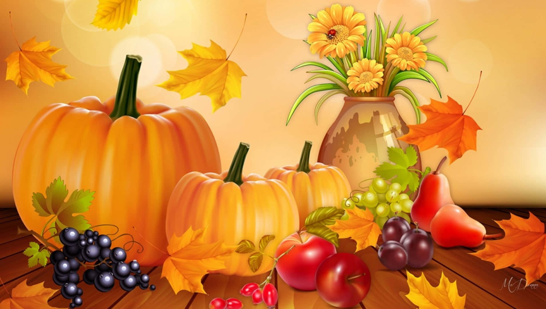 Autumn Bounty 桌布 壁紙 — 一個充滿活力的秋季靜物，南瓜、葡萄、梨子和黃色花朵擺放在木桌上，伴有落葉。