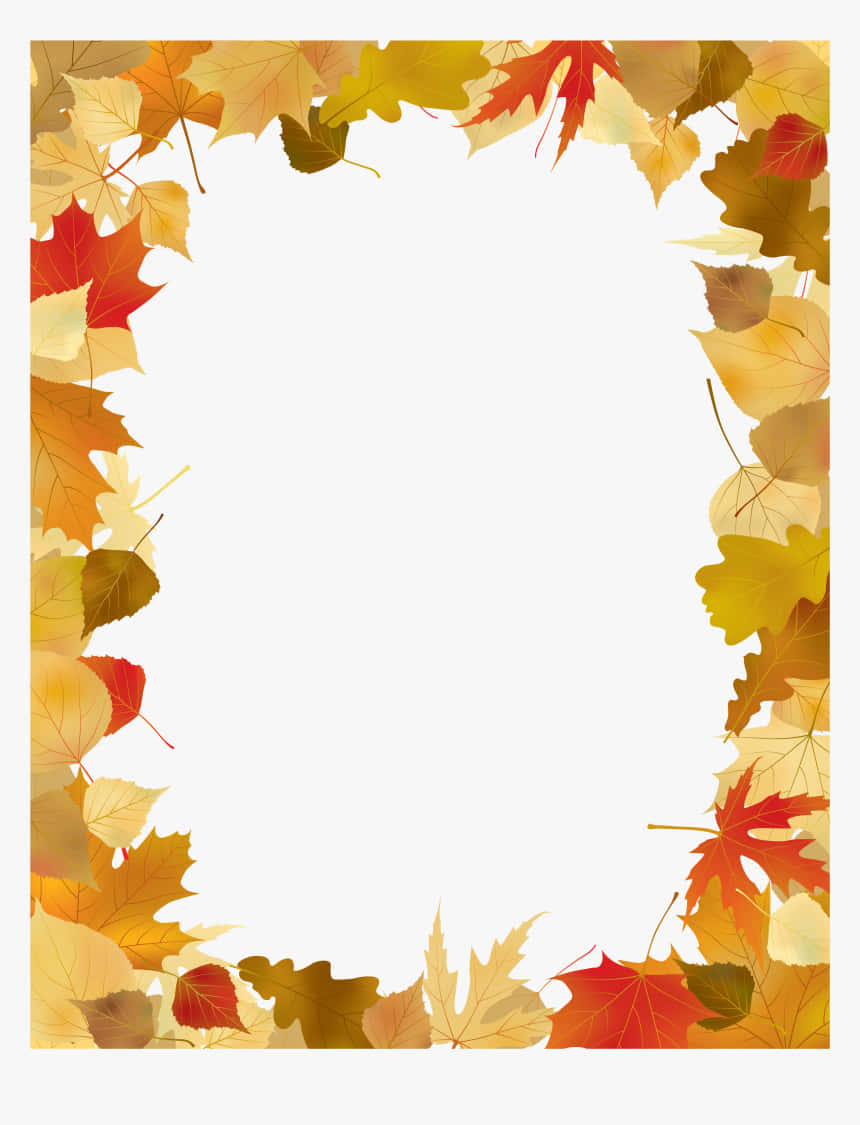 Fall Leaf 桌布 壁紙 — 一個充滿活力的秋葉邊框，以紅色、橙色和黃色圍繞著一個空白的白色空間。