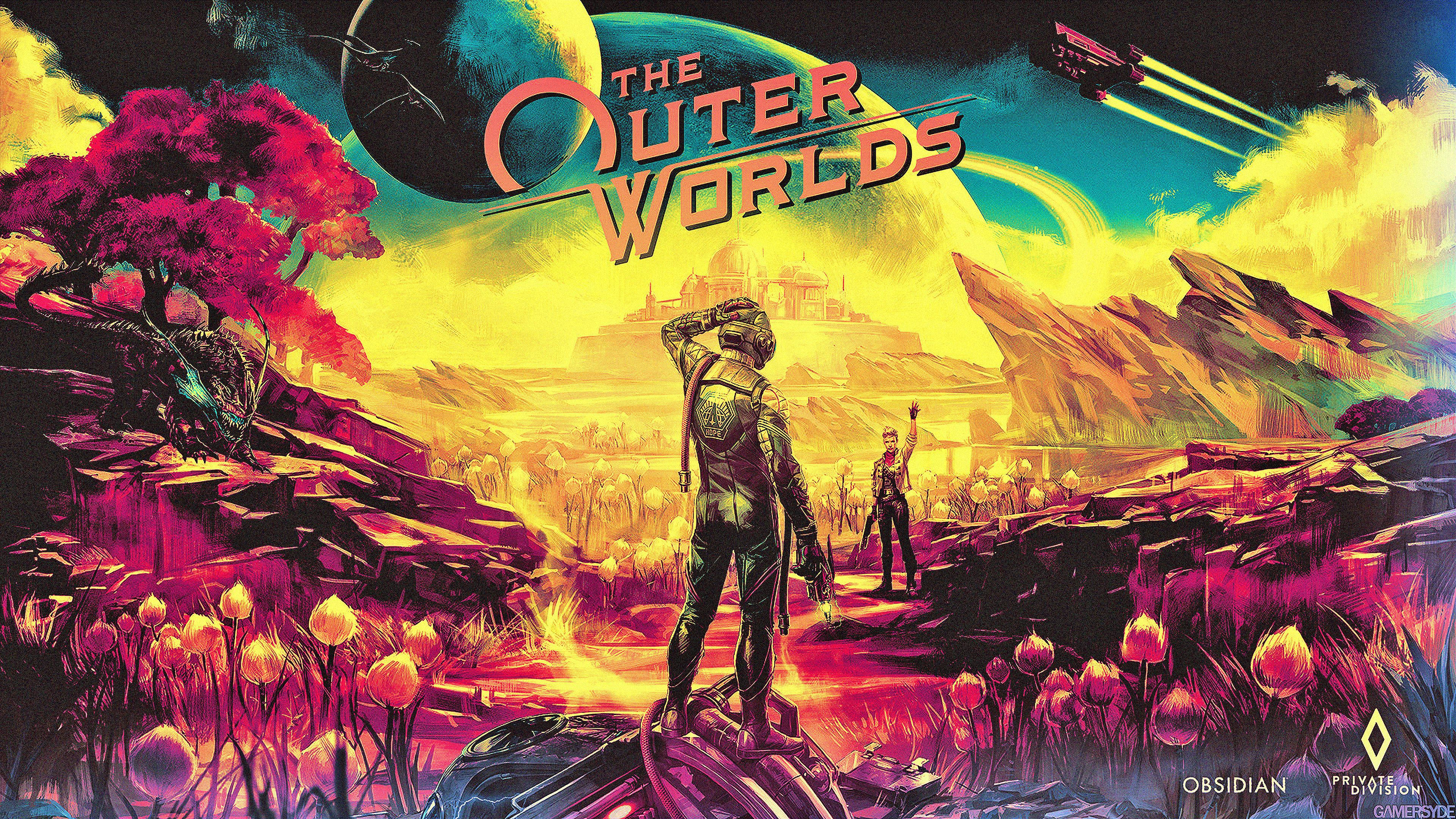 The Outer Worlds 桌布 壁紙 — 一個充滿活力的科幻景觀，兩名探險家站在發光的外星行星和漂浮城市前，天空色彩繽紛。