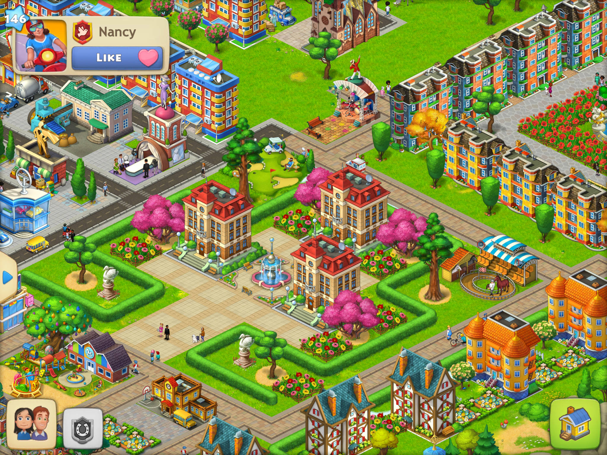 Hay Day 桌布 壁紙 — 一個充滿活力的等距視角，展現一個色彩繽紛的小鎮，擁有各式各樣的建築、花園和走在街道上的小人物。