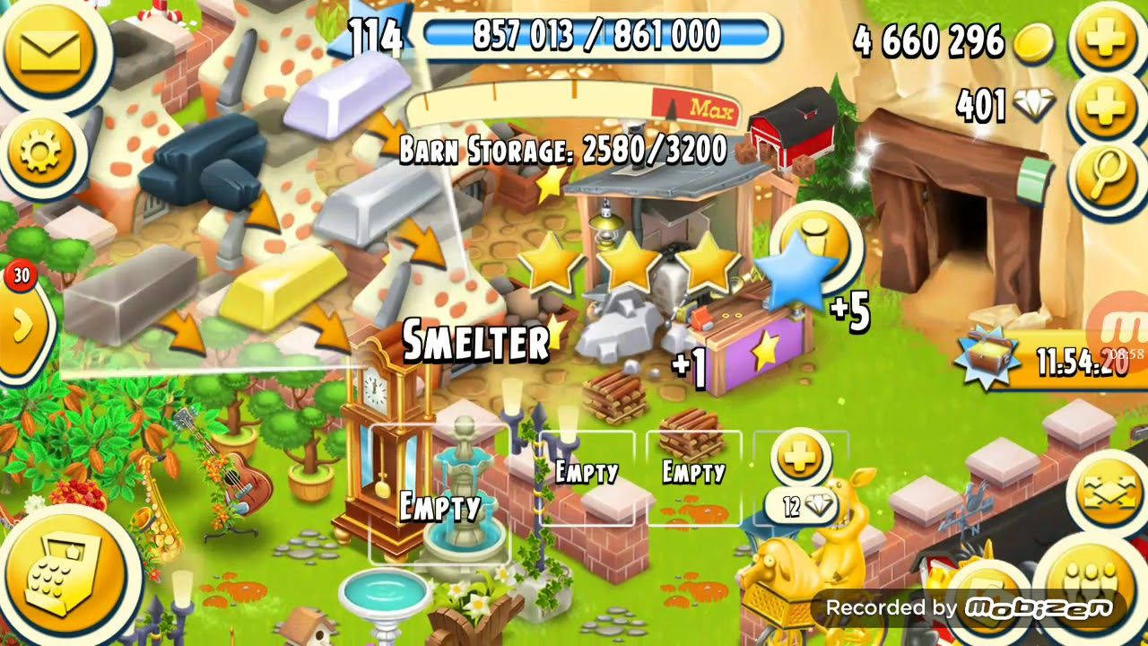 Hay Day 桌布 壁紙 — 一個充滿活力的等距視角，展示手機遊戲的採礦基地，內有金條、礦石和熔爐，周圍環繞著茂密的綠色植物和遊戲UI元素。