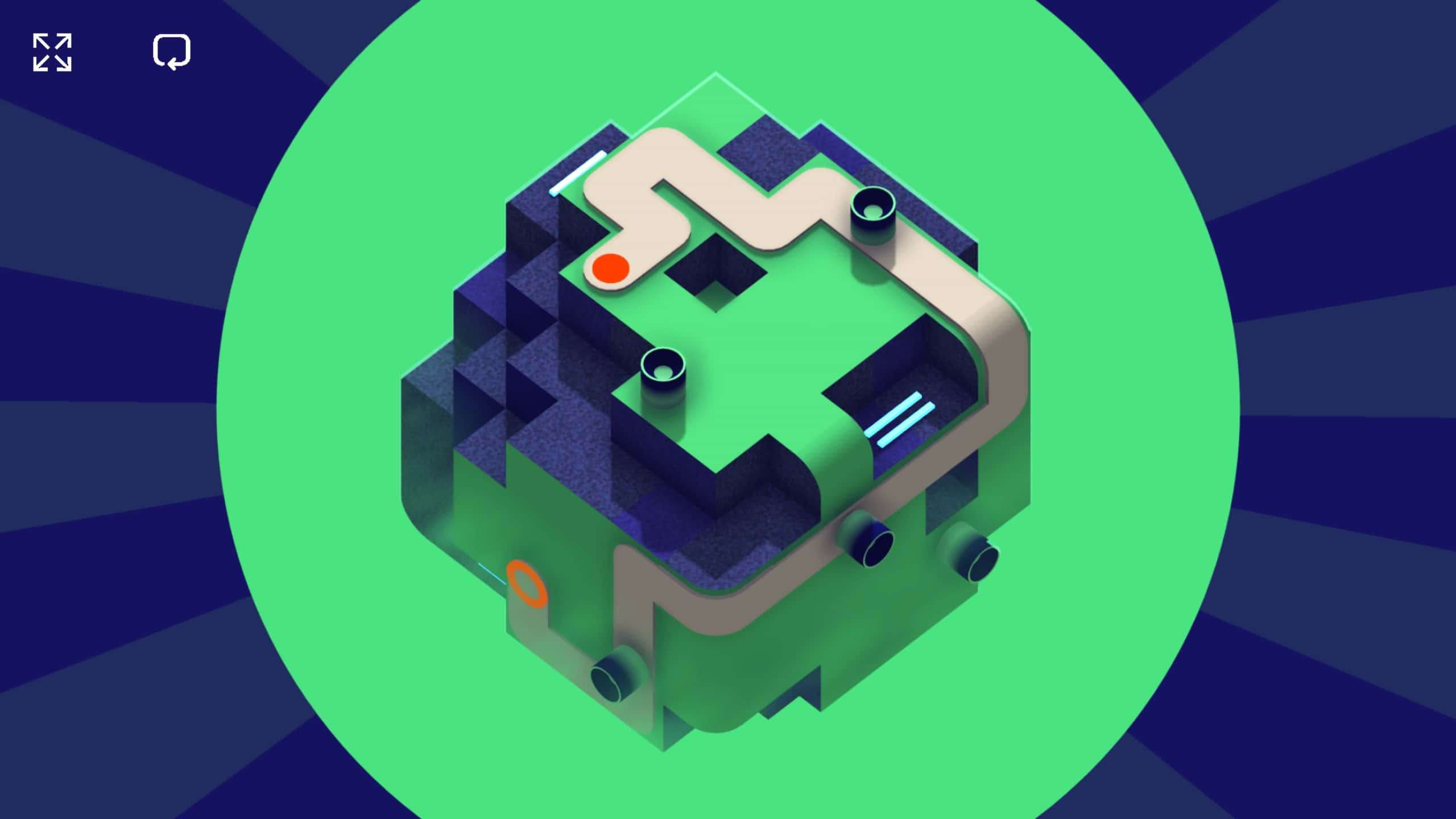 game 桌布 壁紙 — 一個充滿活力的等距解謎遊戲關卡，發光的綠色平台和一個紅色球體在蜿蜒的路徑上，背景為藍色放射狀。