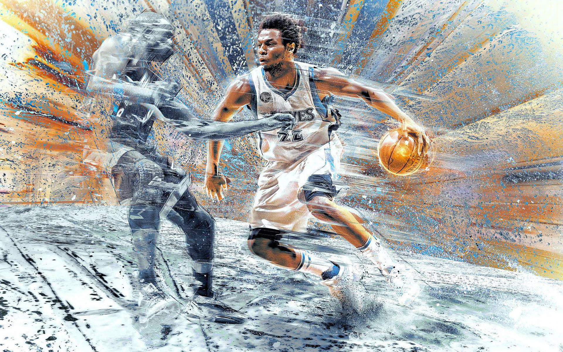 Andrew Wiggins 桌布 壁紙 — 一個充滿活力的籃球運動員在動態中運球越過模糊的防守者，背景是鮮豔的抽象圖案。