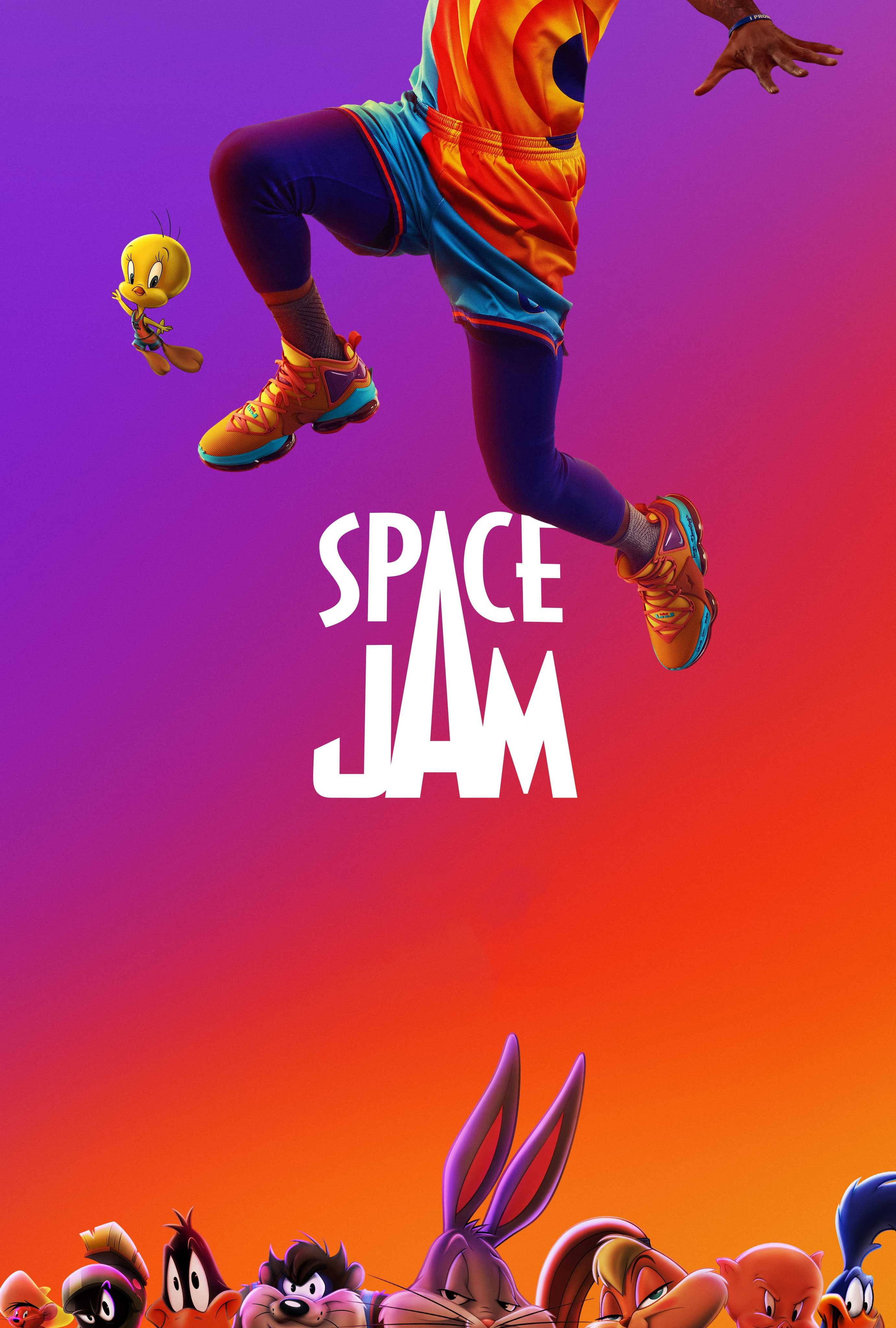 jam 桌布 壁紙 — 一個充滿活力的籃球運動員在半空中躍起，背景是鮮豔的紫橙色漸變，下方有樂一通角色在歡呼。