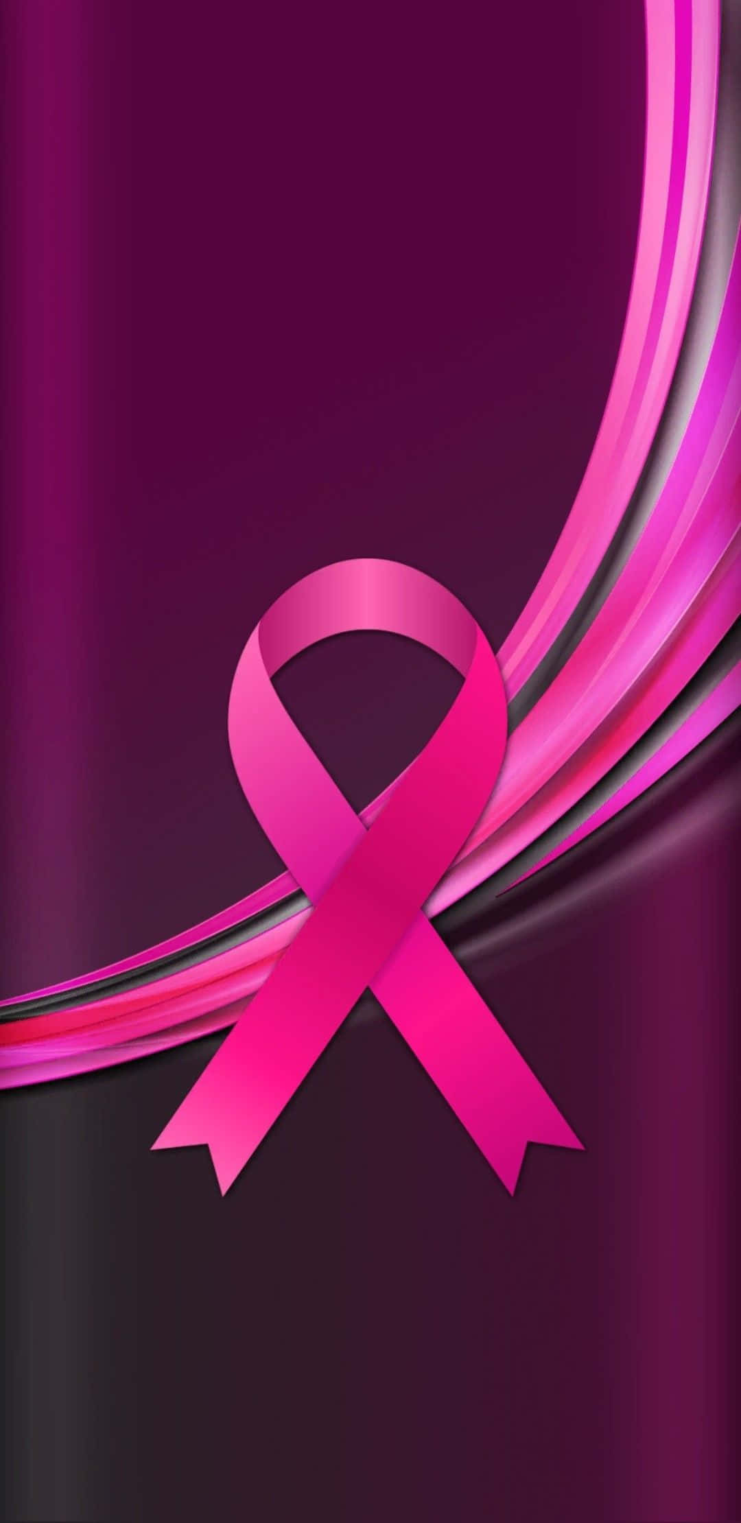 Pink Ribbon 桌布 壁紙 — 一個充滿活力的粉紅絲帶象徵乳癌意識，在深洋紅色和黑色的動態漸變背景中，伴隨著流動的光線條紋脫穎而出。