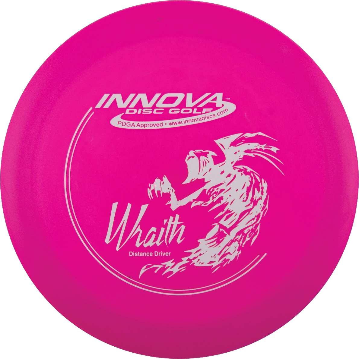 Frisbee 桌布 壁紙 — 一個充滿活力的粉紅色 Innova Disc Golf Wraith 距離型飛盤，帶有白色龍圖案和文字。
