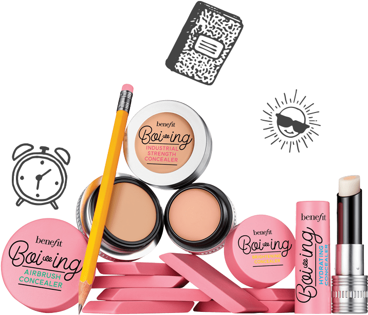 Cosmetics Products 桌布 壁紙 — 一個充滿活力的粉紅色Benefit Boi-ing遮瑕膏系列，配有黃色鉛筆和浮動圖標，背景為黑色。