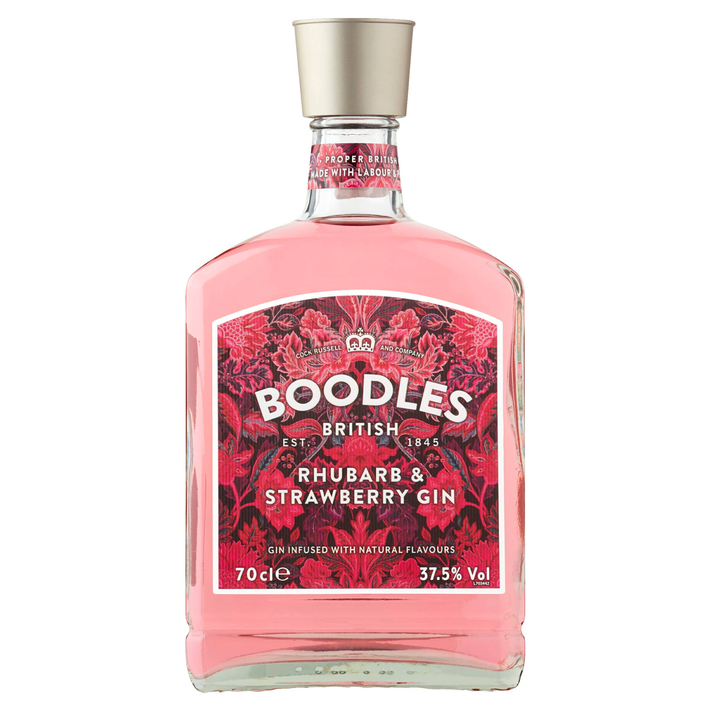 alcohol 桌布 壁紙 — 一個充滿活力的粉紅色Boodles Rhubarb & Strawberry Gin酒瓶，帶有豐富的紅色花卉標籤和銀色瓶蓋，背景為純白色。