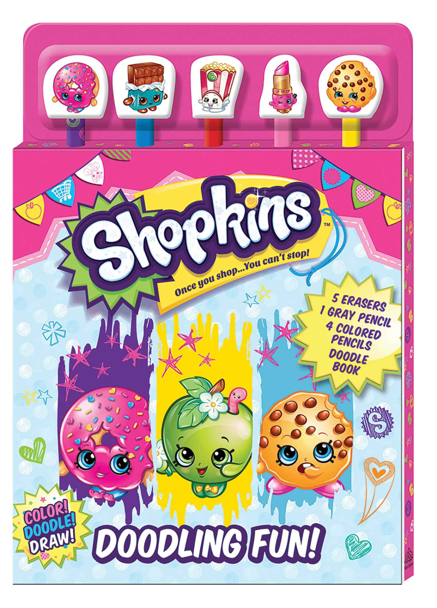 Shopkins 桌布 壁紙 — 一個充滿活力的粉紅色Shopkins塗鴉套裝盒，上面有三個卡通食物角色，帶有油漆飛濺和節日裝飾。