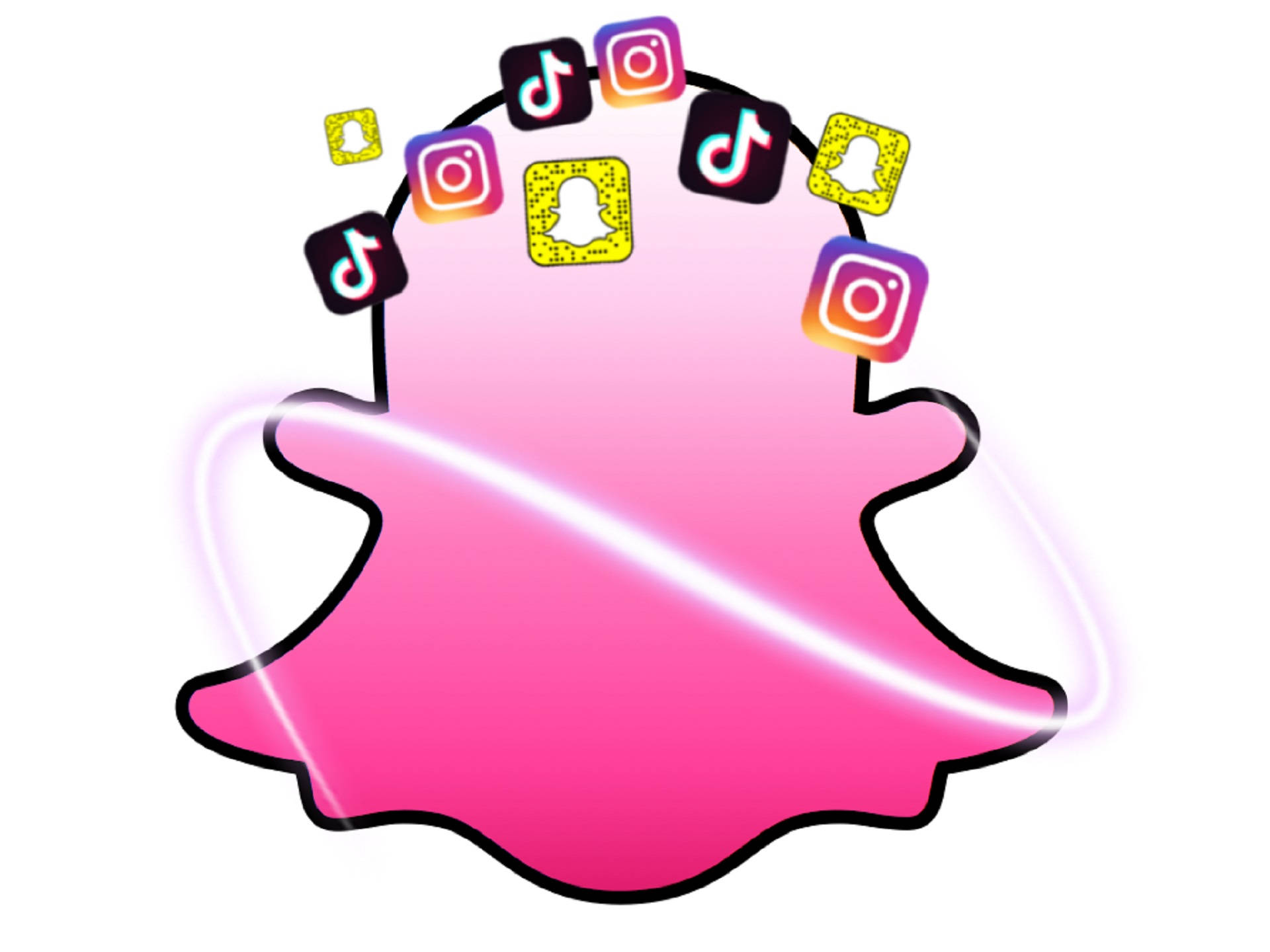 Snapchat 桌布 壁紙 — 一個充滿活力的粉紅色Snapchat鬼魂，周圍有發光的白色能量漩渦，被浮動的社交媒體應用圖標包圍。