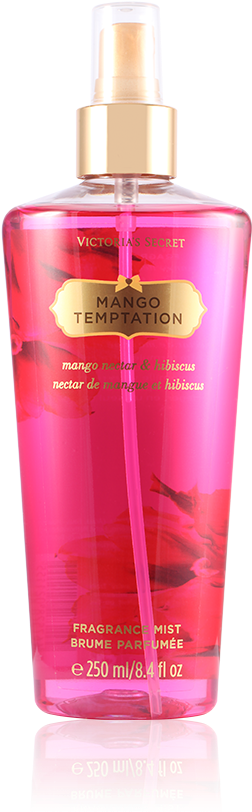 維多利亞的秘密 桌布 壁紙 — 一個充滿活力的粉紅色Victoria's Secret Mango Temptation香水噴霧瓶，配有金色瓶蓋和花卉設計。
