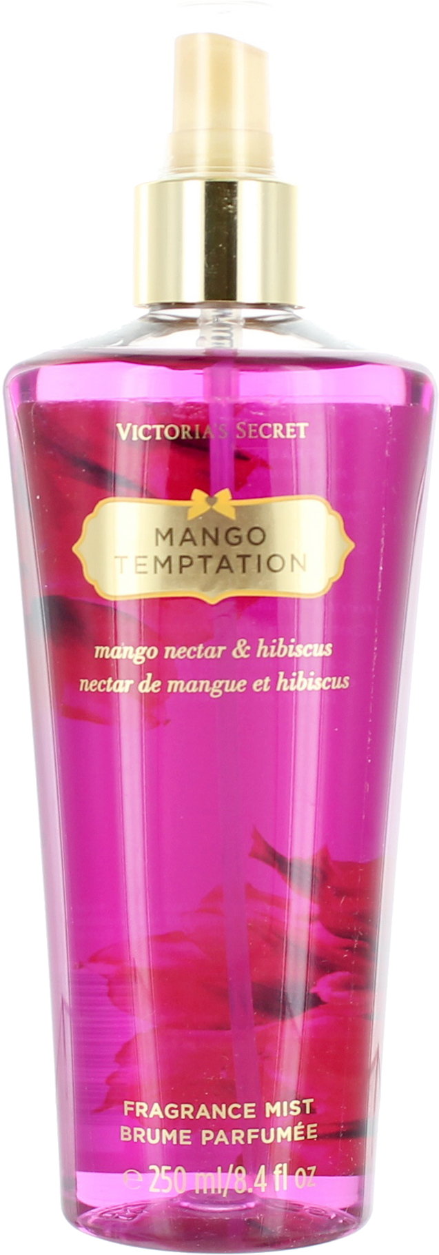 維多利亞的秘密 桌布 壁紙 — 一個充滿活力的粉紅色Victoria's Secret Mango Temptation香水噴霧瓶，帶有金色噴頭和花卉設計。