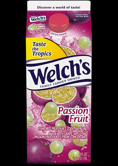 飲料 桌布 壁紙 — 一個充滿活力的粉紅色Welch's百香果汁盒，上面有切片百香果和青葡萄在清爽飲料中飛濺。
