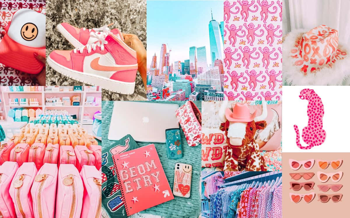 Preppy Desktop 桌布 壁紙 — 一個充滿活力的粉紅色主題拼貼，包括運動鞋、帽子、太陽眼鏡和城市景觀，背景是明亮的天空。