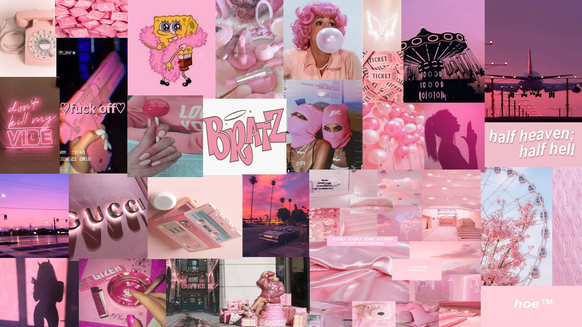 Pink Aesthetic Tumblr 桌布 壁紙 — 一個充滿活力的粉紅色主題拼貼畫，以流行文化偶像、時尚單品和夢幻日落場景為特色，統一起大膽的柔和美學。
