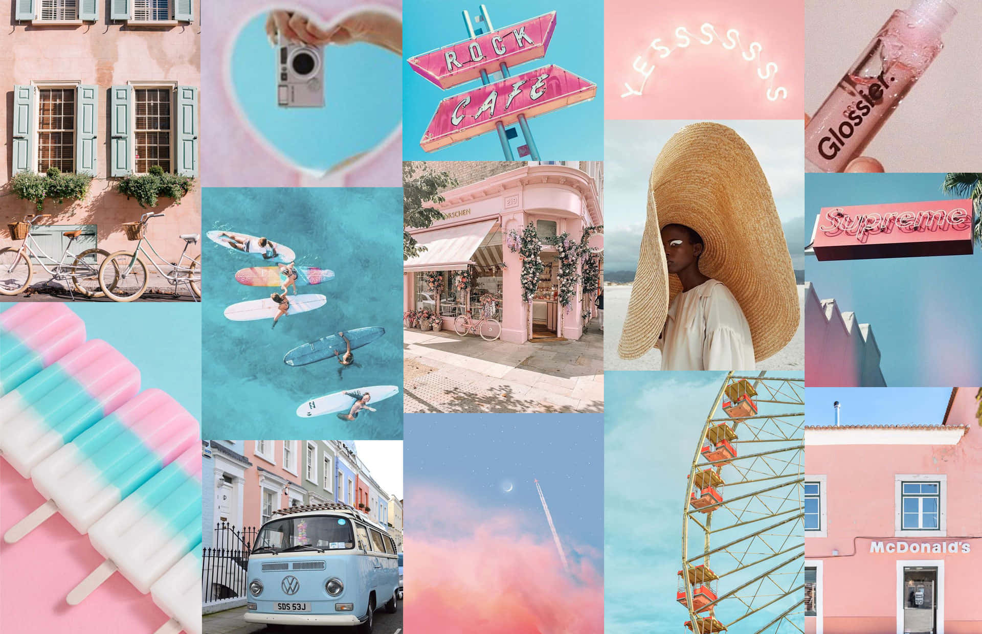Pink And Blue Aesthetic 桌布 壁紙 — 一個充滿活力的粉紅色主題拼貼畫， featuring 衝浪者、復古廂型車、超大帽子和霓虹燈招牌，背景是柔和天空。