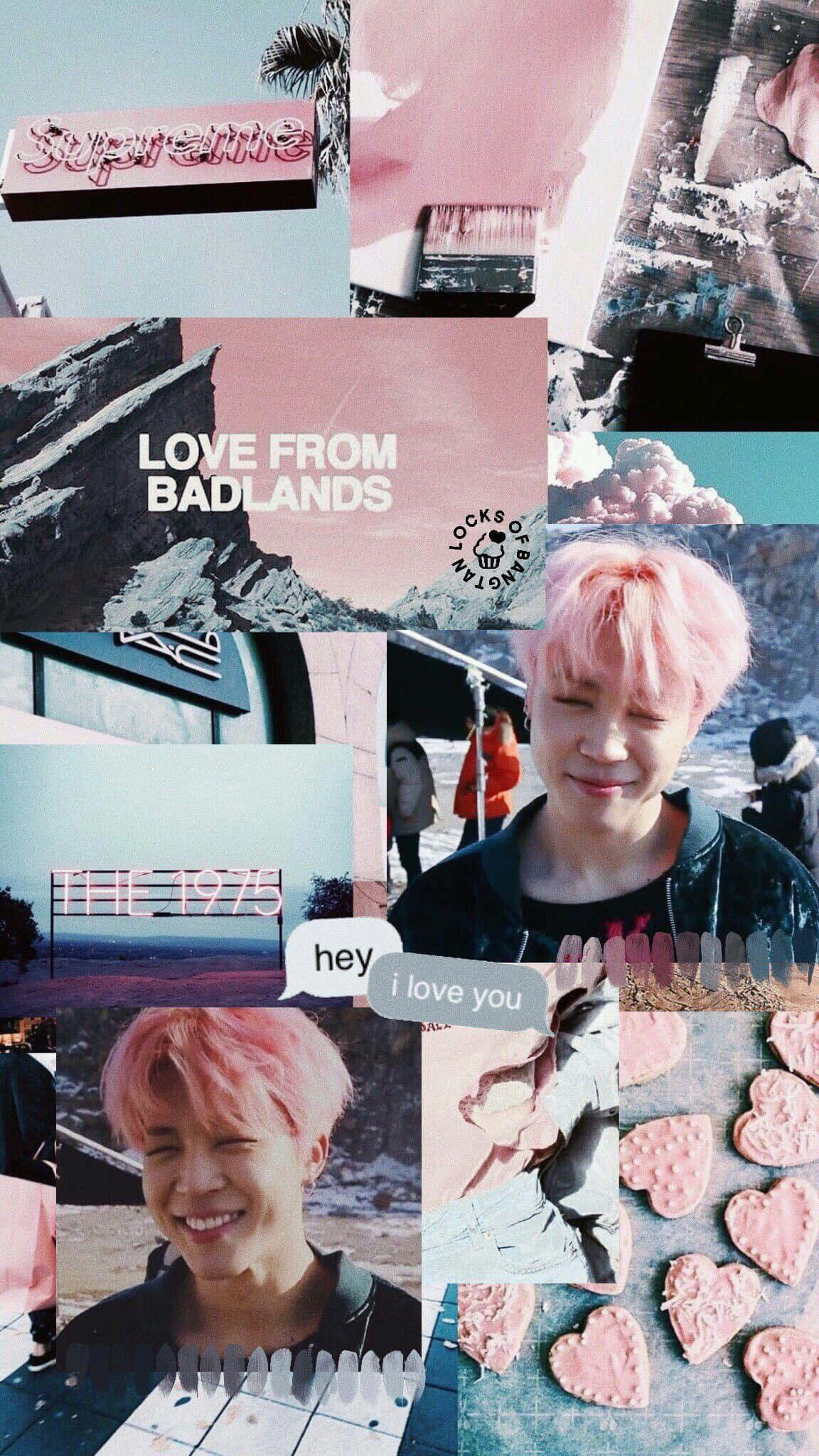 Aesthetic Moodboard 桌布 壁紙 — 一個充滿活力的粉紅色主題拼貼畫，包含一個微笑的粉紅色頭髮人物、心形餅乾，以及 Supreme 和 The 1975 等流行文化元素。