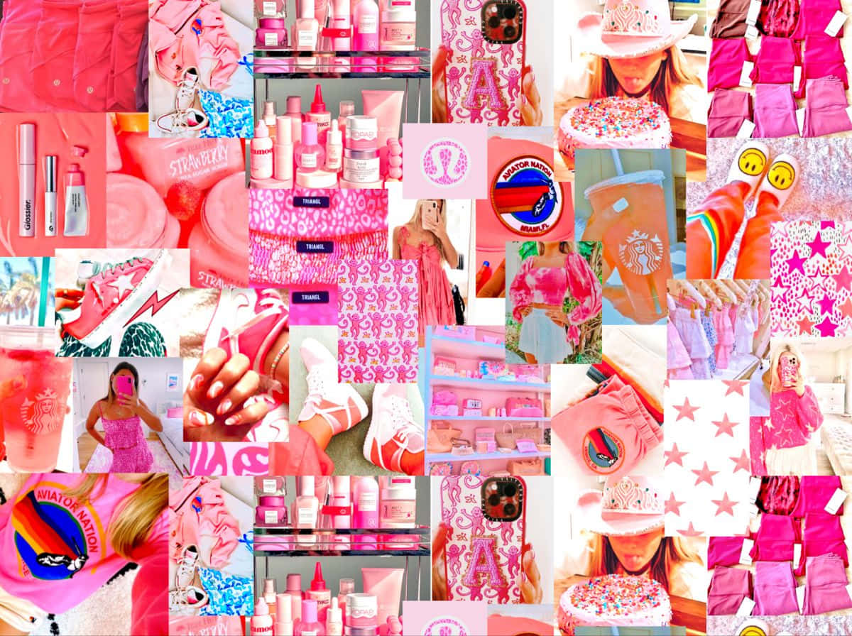 Preppy Desktop 桌布 壁紙 — 一個充滿活力的粉紅色主題物品拼貼，包括化妝品、服裝、飲料和配飾，營造出俏皮甜美的美感。