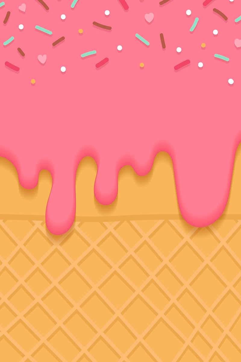 Ice Cream 桌布 壁紙 — 一個充滿活力的粉紅色冰淇淋滴落在一個金色鬆餅甜筒上，上面還有色彩繽紛的糖粒。