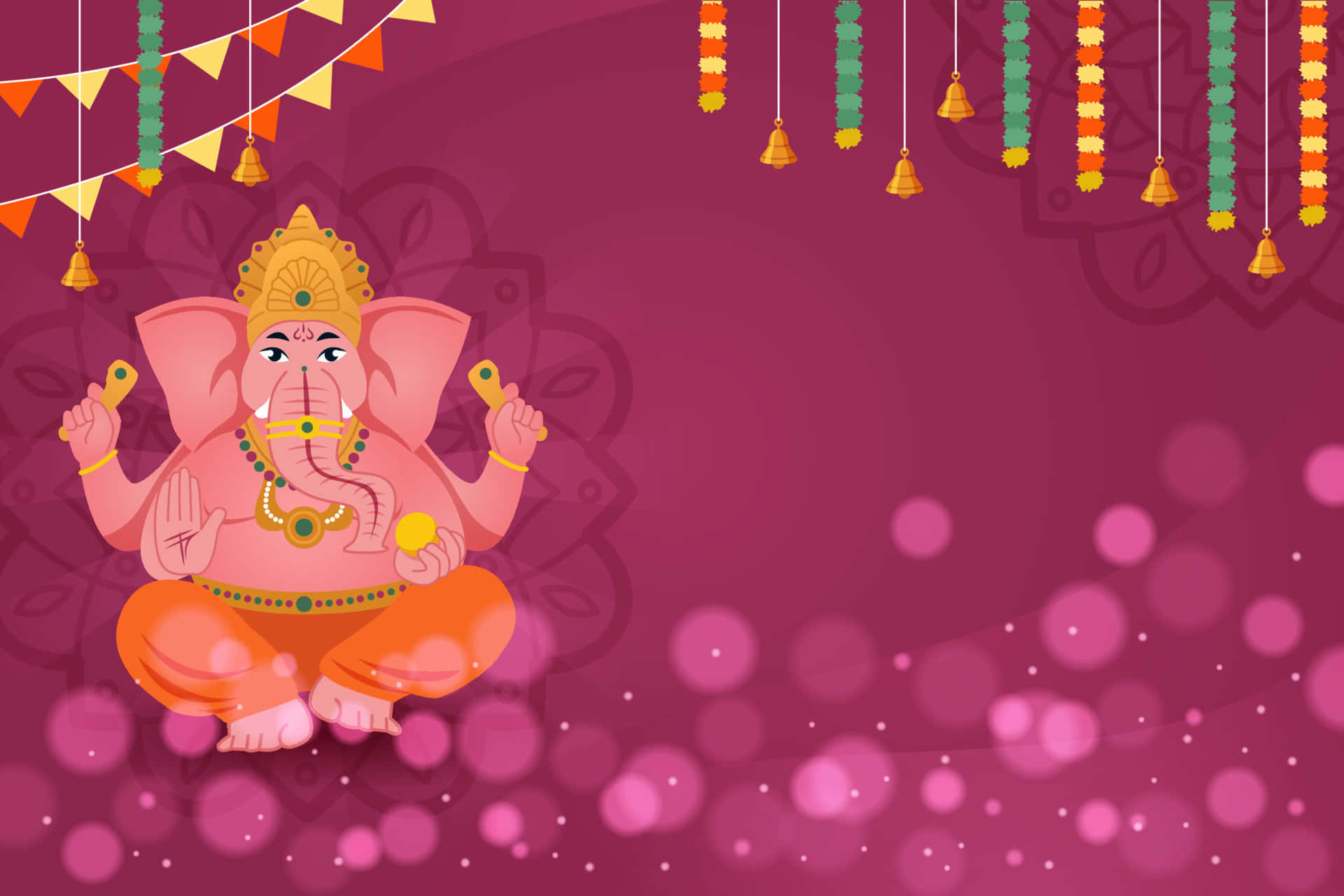 Ganesh Chaturthi 桌布 壁紙 — 一個充滿活力的粉紅色卡通象頭神伽內什盤腿坐在一個裝飾著懸掛花環和節日燈光的洋紅色背景前。