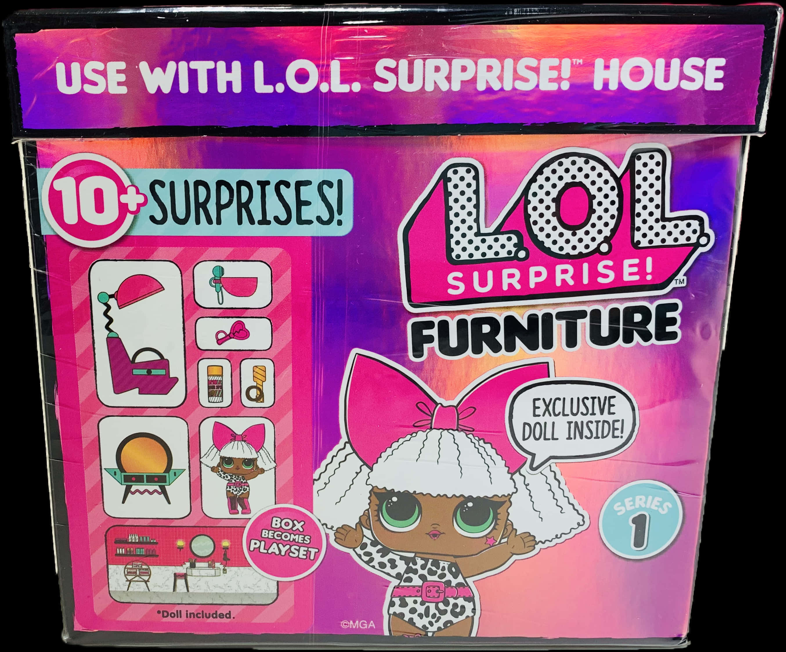 LOL Surprise 桌布 壁紙 — 一個充滿活力的粉紅色和紫色L.O.L. Surprise! 家具玩具箱，附有一個戴著巨大蝴蝶結的娃娃和包含的驚喜圖標。