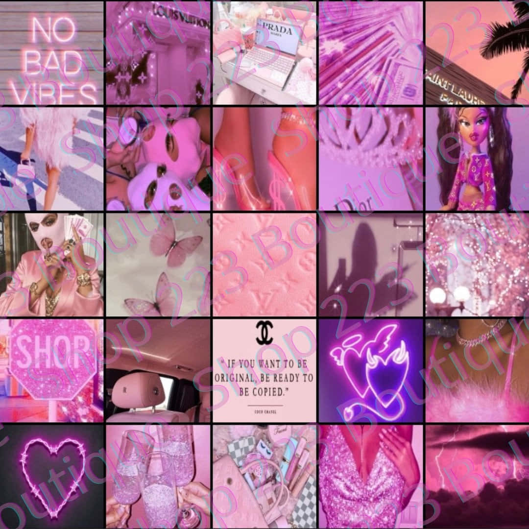 Cute Neon Pink 桌布 壁紙 — 一個充滿活力的粉紅色和紫色拼貼畫，包含奢華時尚物品、霓虹燈牌和迷人配飾，營造出夢幻般的美感。
