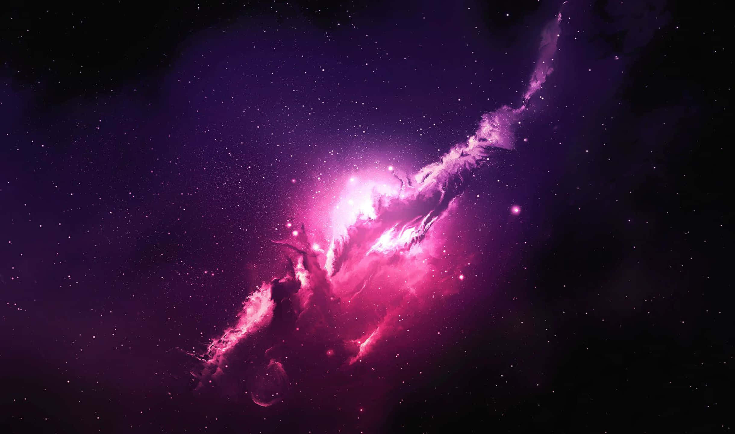 太空 桌布 壁紙 — 一個充滿活力的粉紅色和紫色星雲在繁星點點的宇宙背景下發光，伴隨著旋轉的氣體雲和散落的星星。