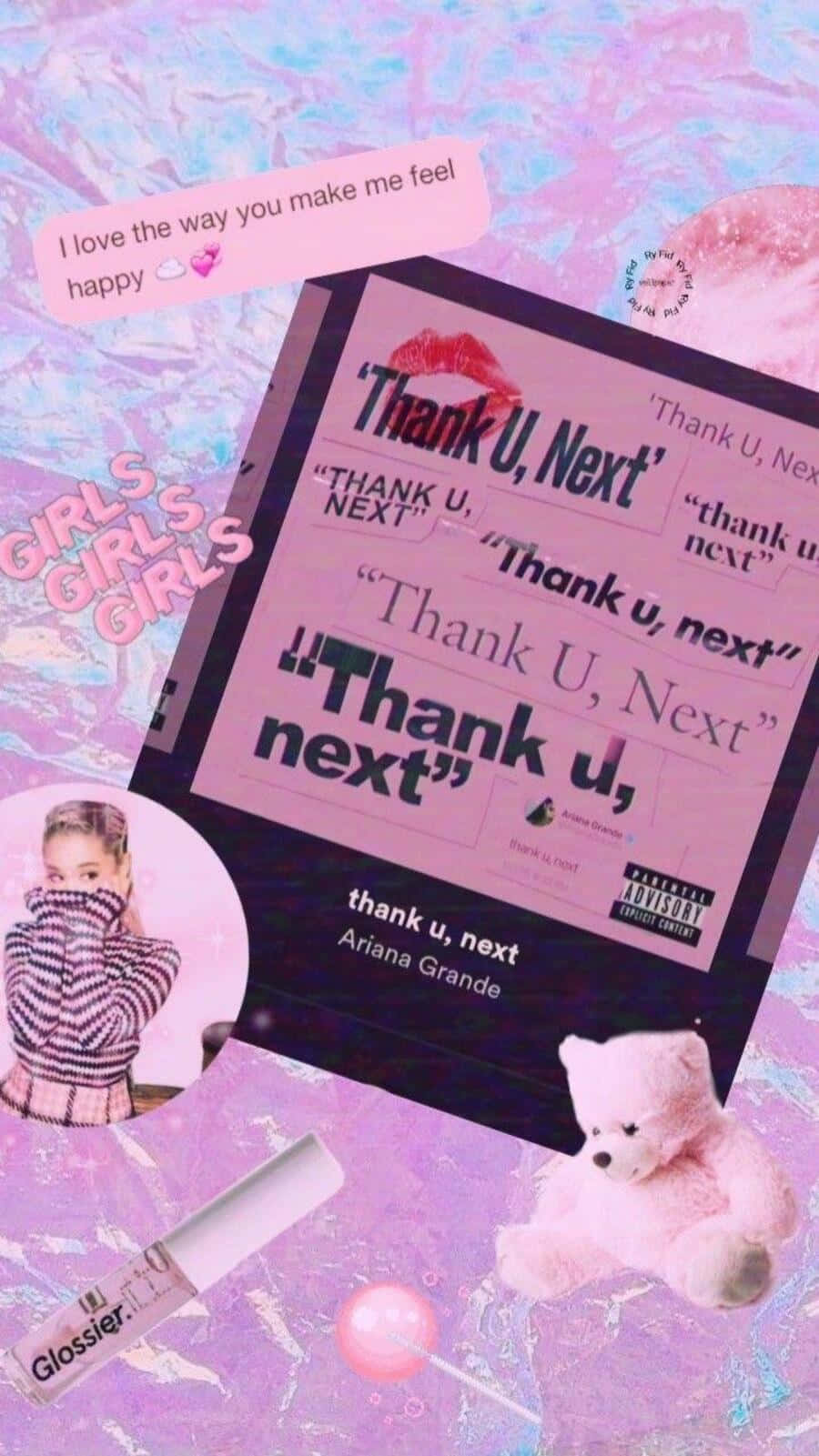 Aesthetic Ariana Grande 桌布 壁紙 — 一個充滿活力的粉紅色和紫色桌布拼貼， featuring Ariana Grande 的《Thank U, Next》專輯藝術、泰迪熊、Glossier 唇彩和愛心表情符號。