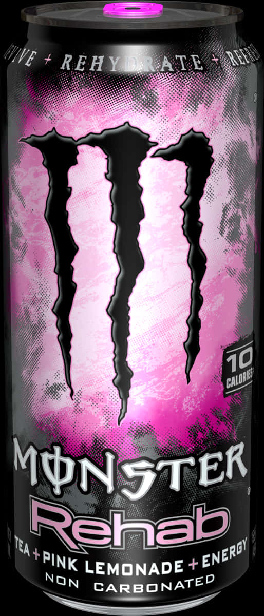 怪物 桌布 壁紙 — 一個充滿活力的粉紅色和黑色Monster Rehab能量飲料罐，帶有醒目的爪形標誌和描述其茶味粉紅檸檬水風味的文字。