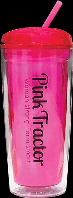tumbler 桌布 壁紙 — 一個充滿活力的粉紅色塑膠杯，配有相配的蓋子和吸管，顯示文字 'Pink Tractor Woman strong. Farm smart.'