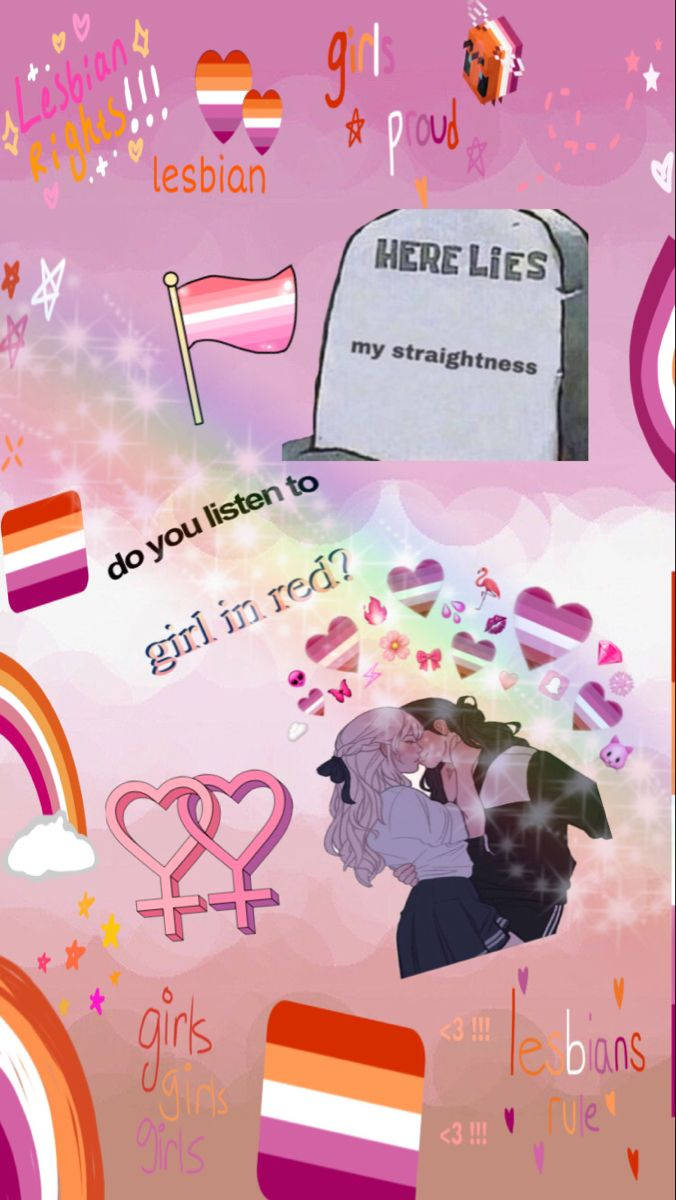 女同志旗幟 桌布 壁紙 — 一個充滿活力的粉紅色壁紙，慶祝女同性戀驕傲，有心形、旗幟和一個寫著「我的異性戀長眠於此」的墓碑。