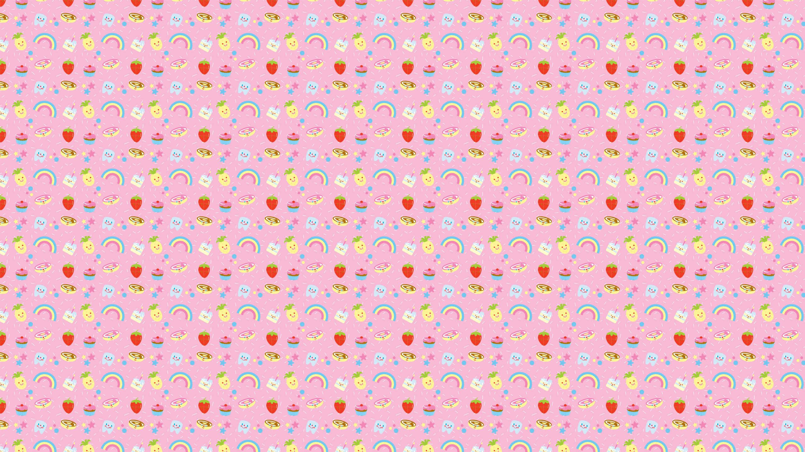Kawaii Dessert 桌布 壁紙 — 一個充滿活力的粉紅色壁紙圖案，重複著可愛的圖標，如彩虹、杯子蛋糕、草莓和笑臉。