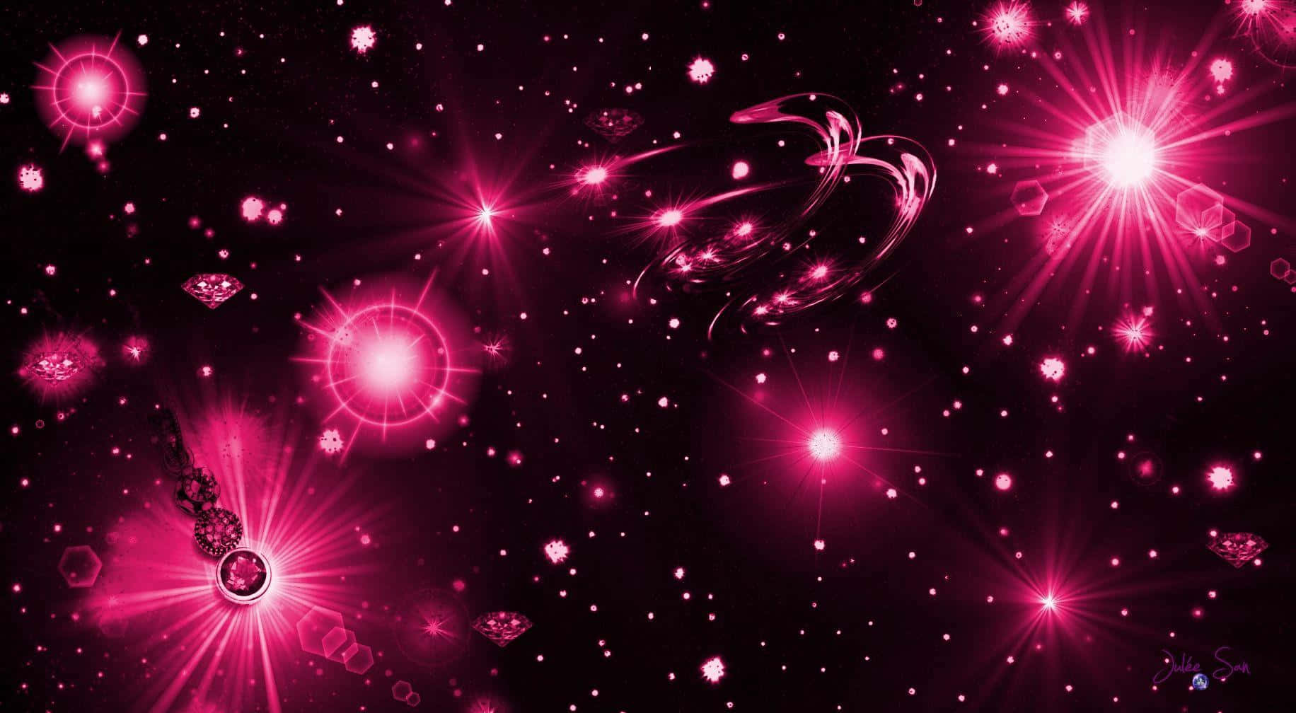 Pink Black 桌布 壁紙 — 一個充滿活力的粉紅色宇宙場景，有發光的星星、光芒四射的星雲和漂浮的幾何形狀，背景是黑暗的虛空。