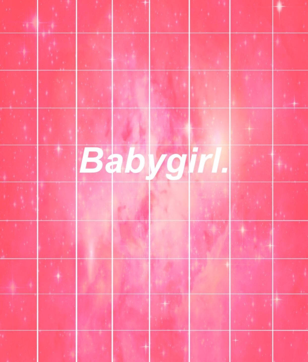 Sparkle Aesthetic 桌布 壁紙 — 一個充滿活力的粉紅色宇宙背景，帶有白色網格線和閃爍的星星，並以粗體白色字體顯示文字「Babygirl。」