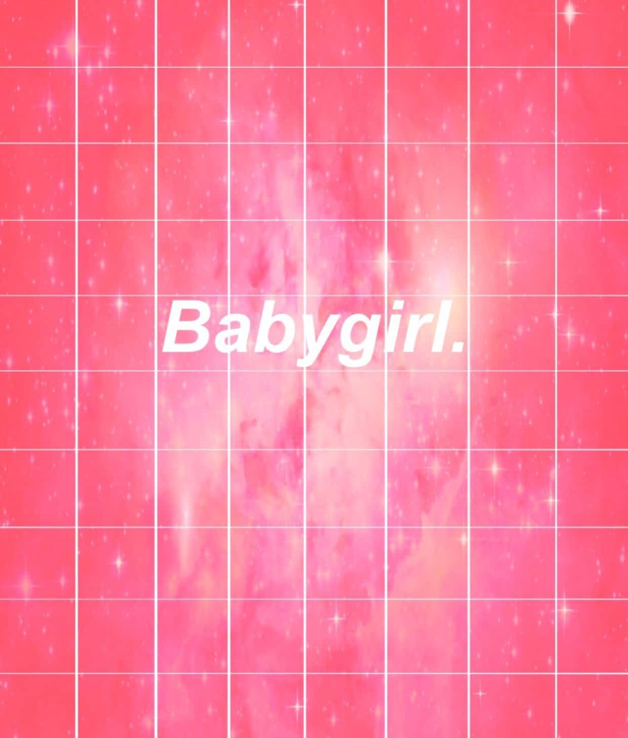girly pink aesthetic 桌布 壁紙 — 一個充滿活力的粉紅色宇宙背景，帶有白色網格線和閃爍的星星，並以粗體白色字體顯示文字「Babygirl。」