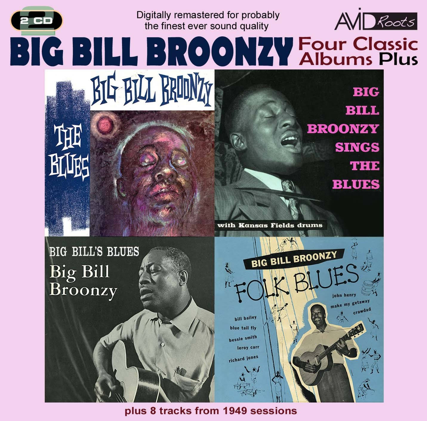 poster 桌布 壁紙 — 一個充滿活力的粉紅色專輯封面，展示四個經典的 Big Bill Broonzy 藍調專輯藝術，帶有富有表現力的肖像和復古字體。