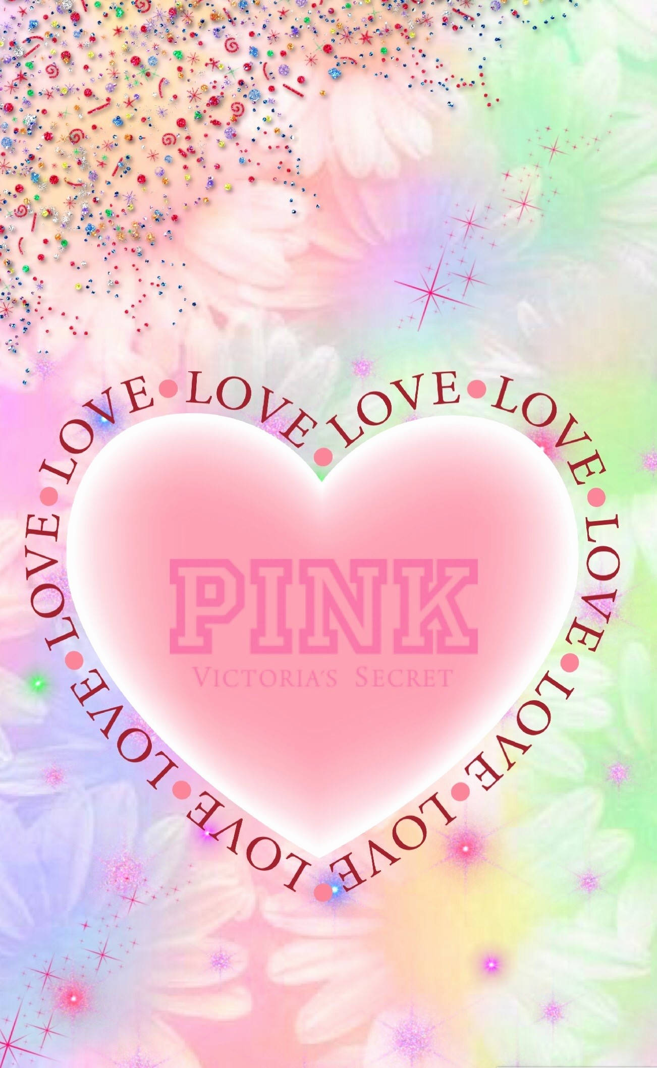 victoria 桌布 壁紙 — 一個充滿活力的粉紅色心形，上面有「PINK Victoria's Secret」文字，周圍環繞著旋轉的柔和色調花朵和閃閃發光的五彩紙屑。
