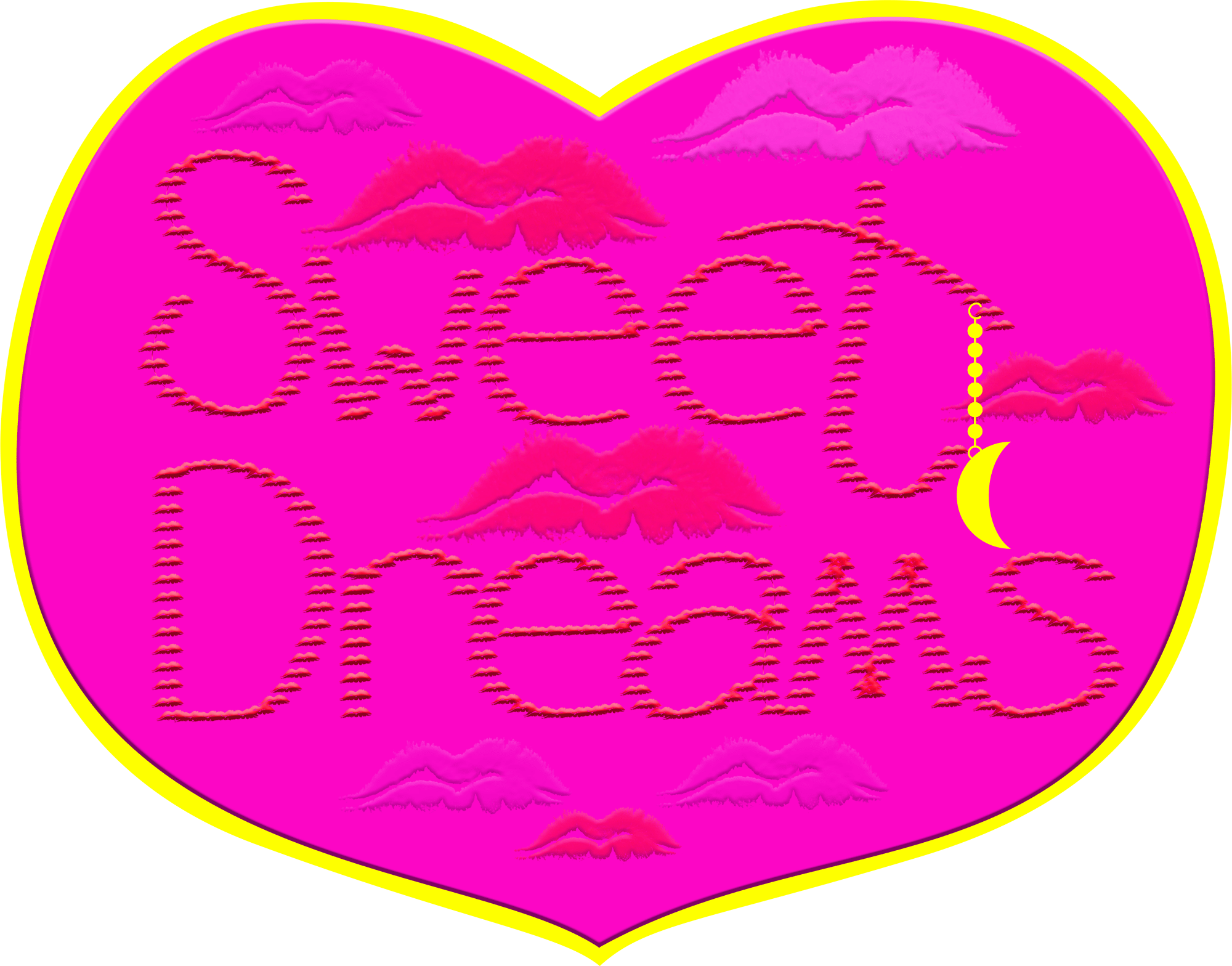 Hot Pink Aesthetic 桌布 壁紙 — 一個充滿活力的粉紅色心形，用紅線縫有「Sweet Dreams」，周圍環繞著嘴唇和彎月。