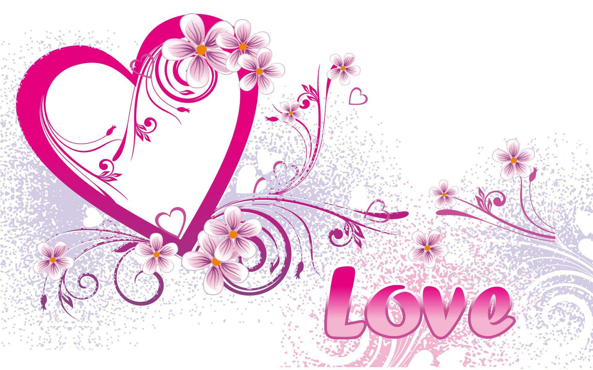 Sweet Love 桌布 壁紙 — 一個充滿活力的粉紅色心形，飾有花朵和漩渦，並在斑點背景上以匹配的字體寫有「Love」一詞。