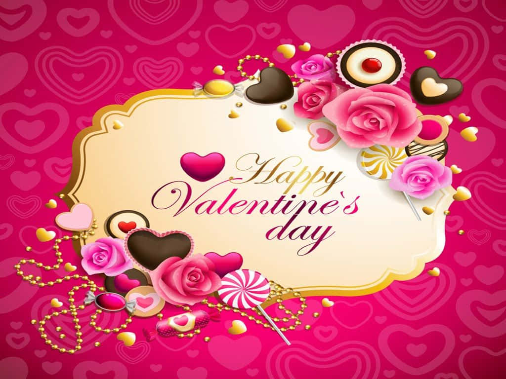 Valentines 桌布 壁紙 — 一個充滿活力的粉紅色情人節祝福，飾有玫瑰、巧克力和心形圖案，背景帶有圖案。
