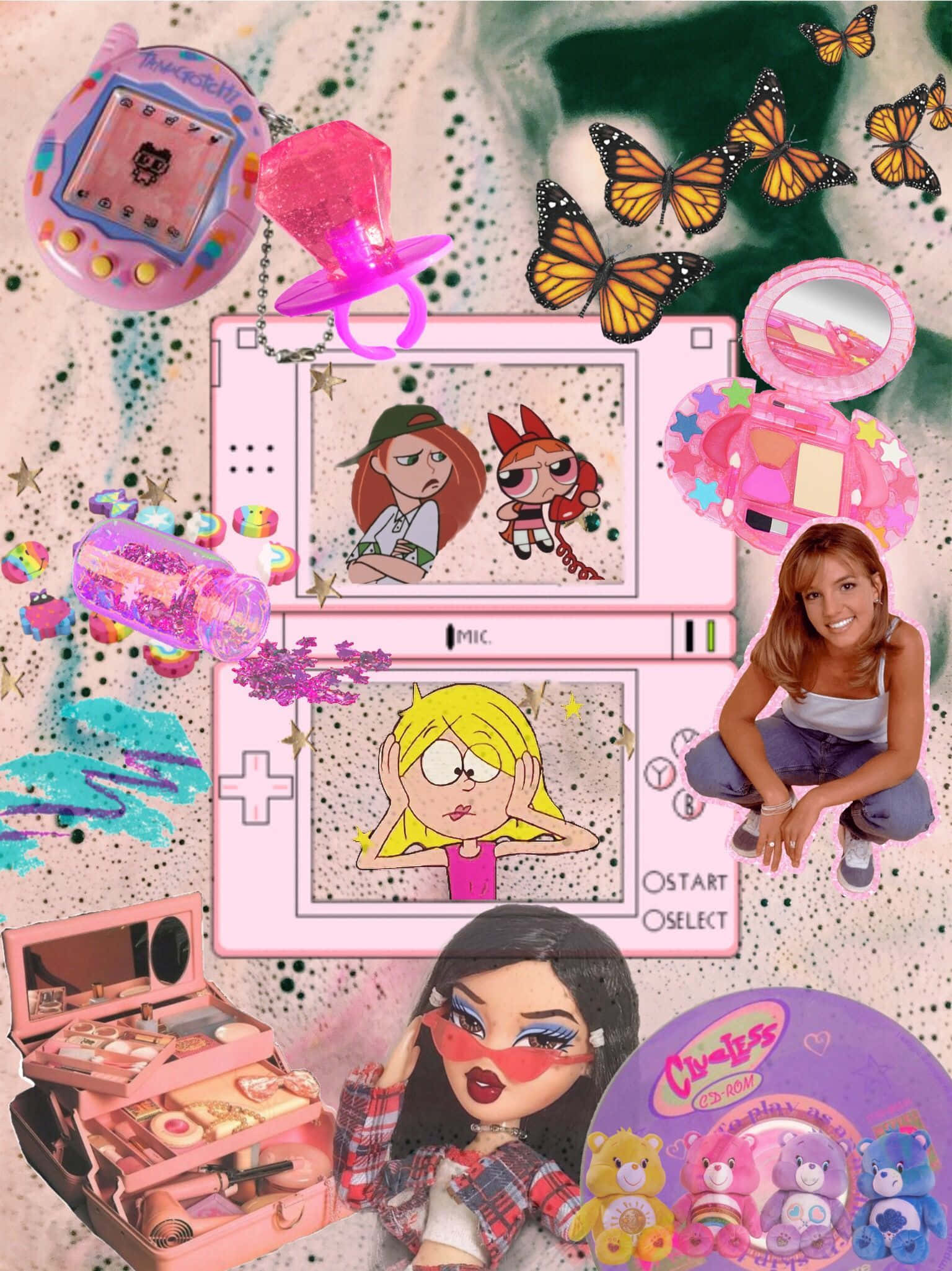 2000s 桌布 壁紙 — 一個充滿活力的粉紅色懷舊物品拼貼，包括Tamagotchi、掌上遊戲機上的飛天小女警、蝴蝶，以及一個被閃粉和玩具包圍的微笑女孩。