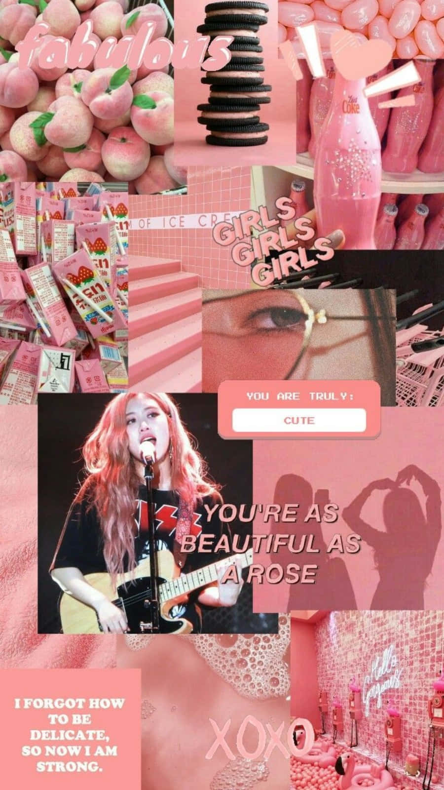 BLACKPINK 桌布 壁紙 — 一個充滿活力的粉紅色拼貼畫， featuring 桃子絨毛玩具、餅乾、汽水瓶和一位帶有賦權文字疊加的歌手。