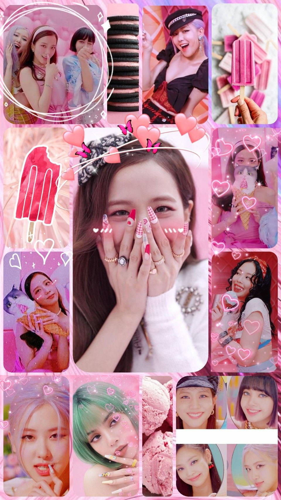 BLACKPINK 桌布 壁紙 — 一個充滿活力的粉紅色拼貼畫， featuring 微笑的年輕女性，帶有心形疊加和糖果主題道具。