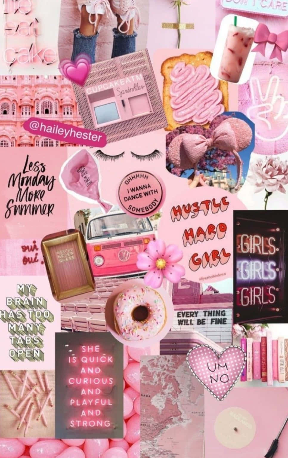 Aesthetic Pink Collage 桌布 壁紙 — 一個充滿活力的粉紅色拼貼畫，包含甜甜圈、化妝品、汽車、語錄和花朵，以年輕美學排列。